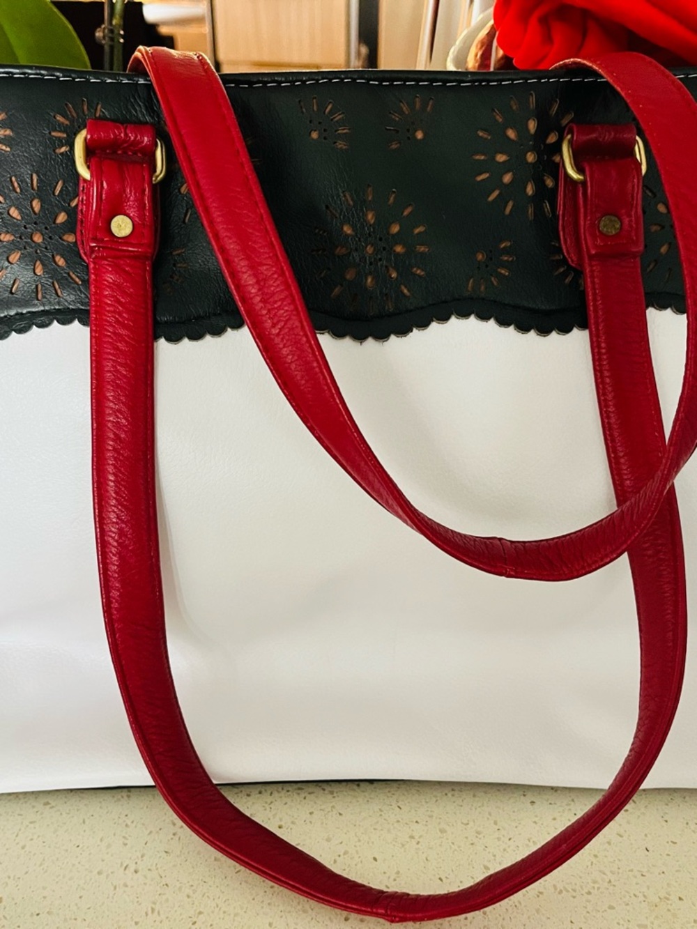 Authentic genuine leather Classic Two-Tone Tote Bag in White, Black & Red